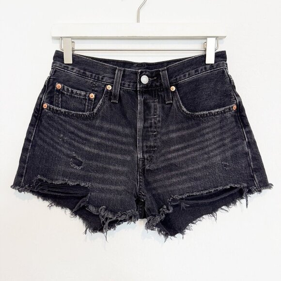 Levi’s 501 Button Fly High Rise Dark Wash Distressed Jean Shorts Black Size 26 - Picture 3 of 11